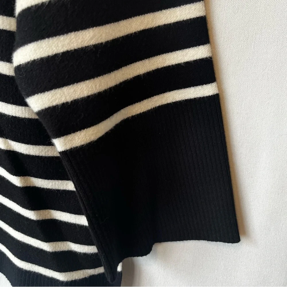 Elie Tahari pullover sweater XL Black white striped Heavy knit 1/4 zip Womens